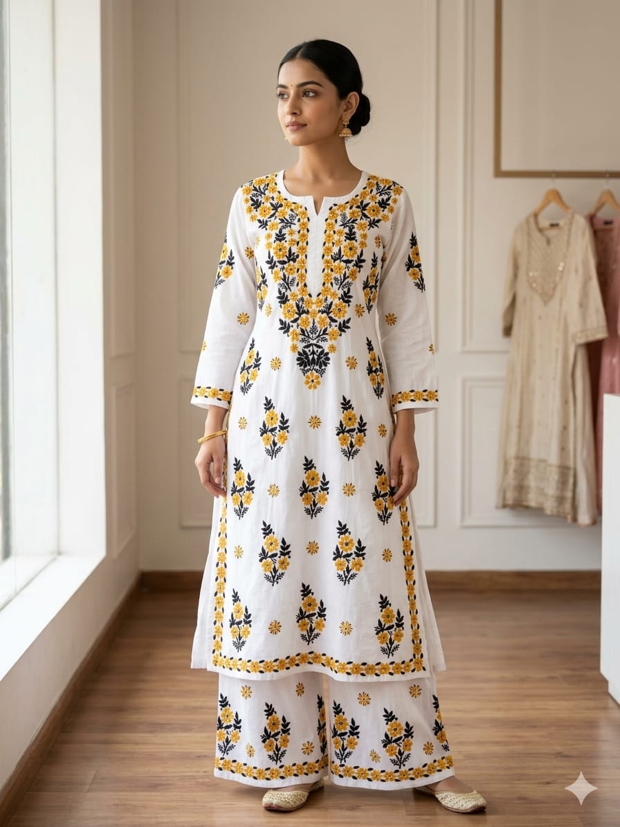Pure Cotton Summer Chikankari Kurti & Plazo Set