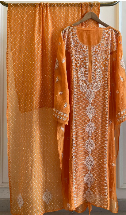 Mul Chanderi Semi-Stitched Kurta & Dupatta Set