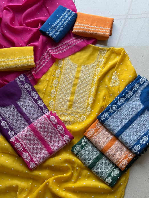 Mul Chanderi Semi-Stitched Kurta & Dupatta Set