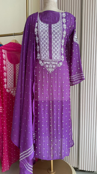 Mul Chanderi Semi-Stitched Kurta & Dupatta Set