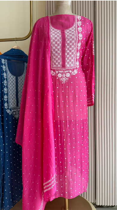 Mul Chanderi Semi-Stitched Kurta & Dupatta Set