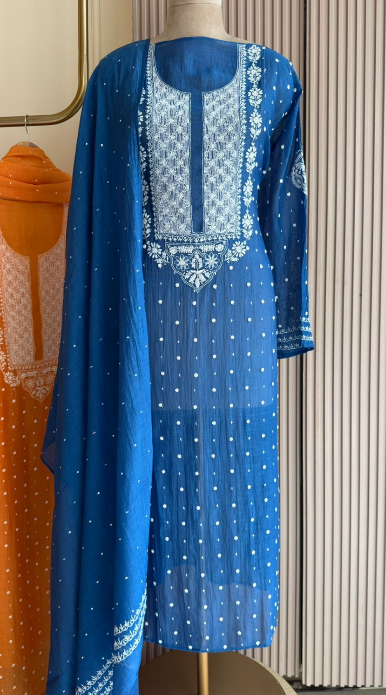 Mul Chanderi Semi-Stitched Kurta & Dupatta Set