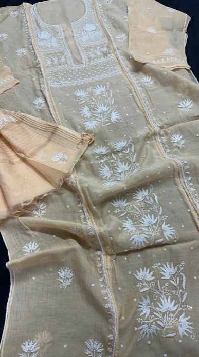 Pure Mul Chanderi Silk Shirt & Dupatta Set with Lucknowi Chikan Work