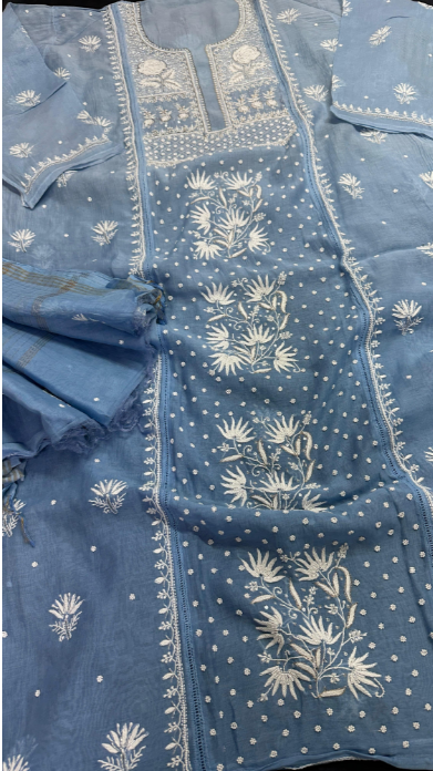 Pure Mul Chanderi Silk Shirt & Dupatta Set with Lucknowi Chikan Work