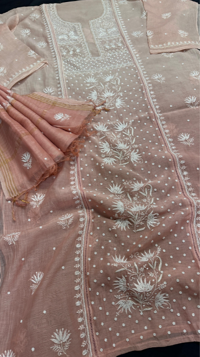 Pure Mul Chanderi Silk Shirt & Dupatta Set with Lucknowi Chikan Work