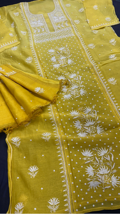 Pure Mul Chanderi Silk Shirt & Dupatta Set with Lucknowi Chikan Work
