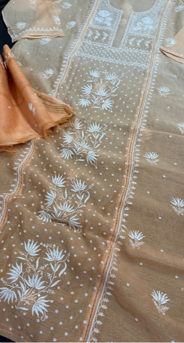 Pure Mul Chanderi Silk Shirt & Dupatta Set with Lucknowi Chikan Work