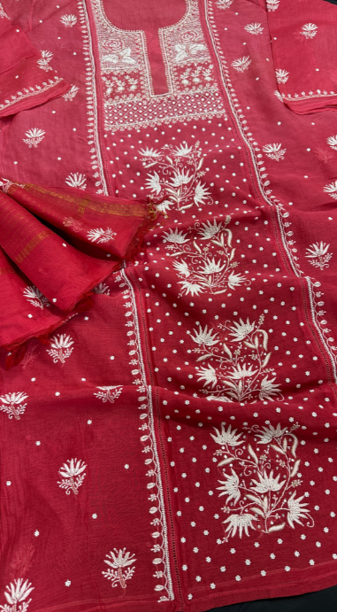 Pure Mul Chanderi Silk Shirt & Dupatta Set with Lucknowi Chikan Work