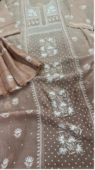 Pure Mul Chanderi Silk Shirt & Dupatta Set with Lucknowi Chikan Work