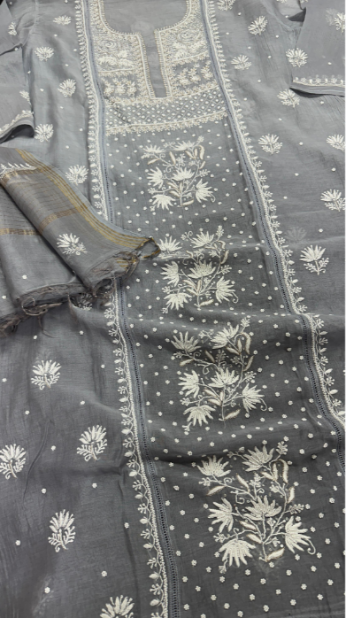 Pure Mul Chanderi Silk Shirt & Dupatta Set with Lucknowi Chikan Work