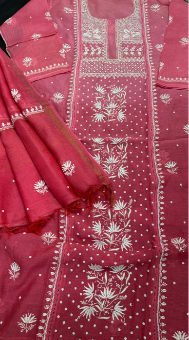 Pure Mul Chanderi Silk Shirt & Dupatta Set with Lucknowi Chikan Work