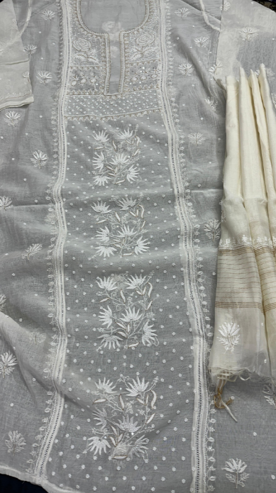 Pure Mul Chanderi Silk Shirt & Dupatta Set with Lucknowi Chikan Work