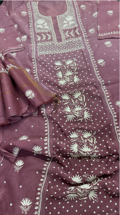 Pure Mul Chanderi Silk Shirt & Dupatta Set with Lucknowi Chikan Work