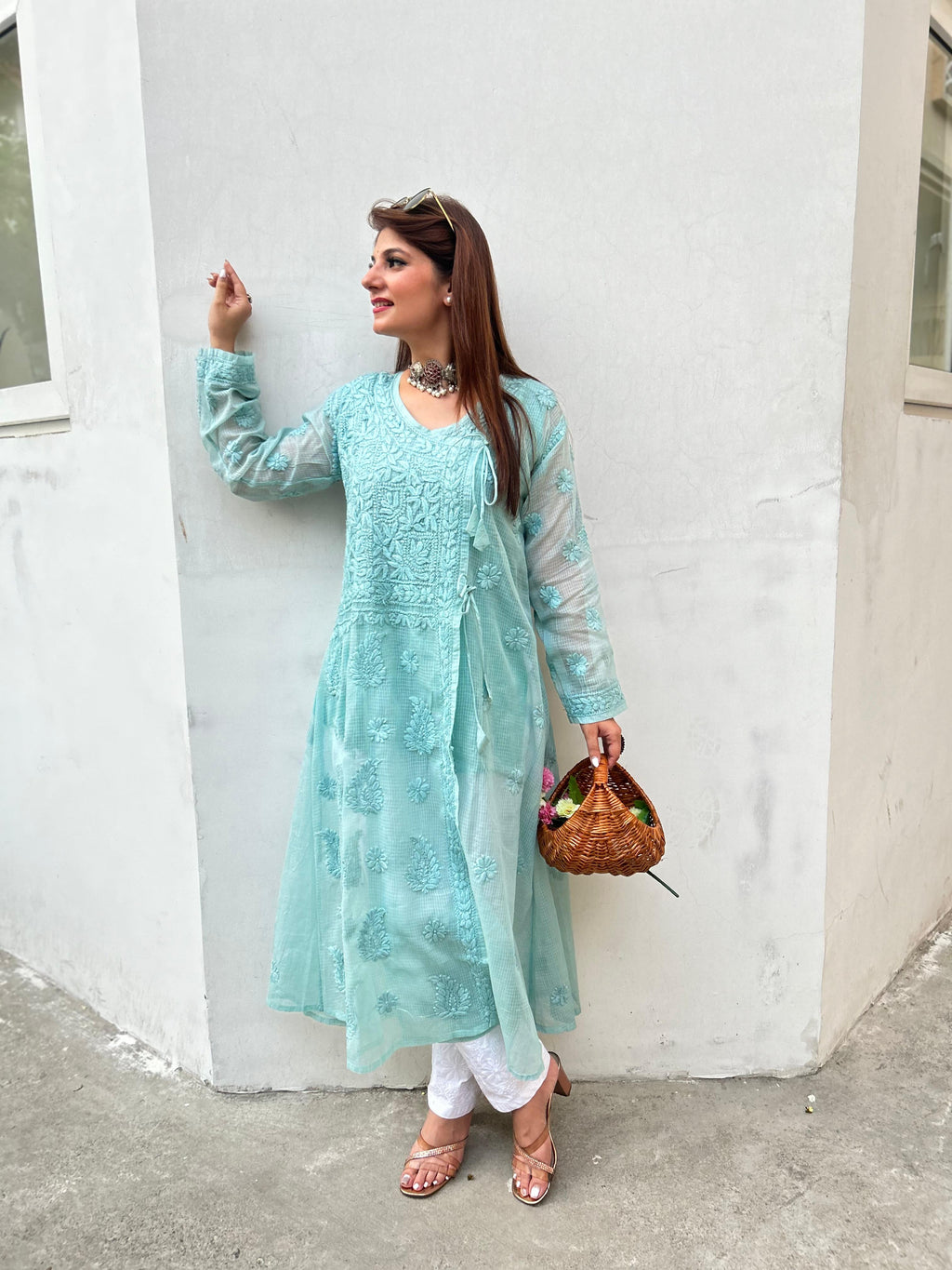 Pure Kota Doria Angarkha Kurta  with 3D Chikankari