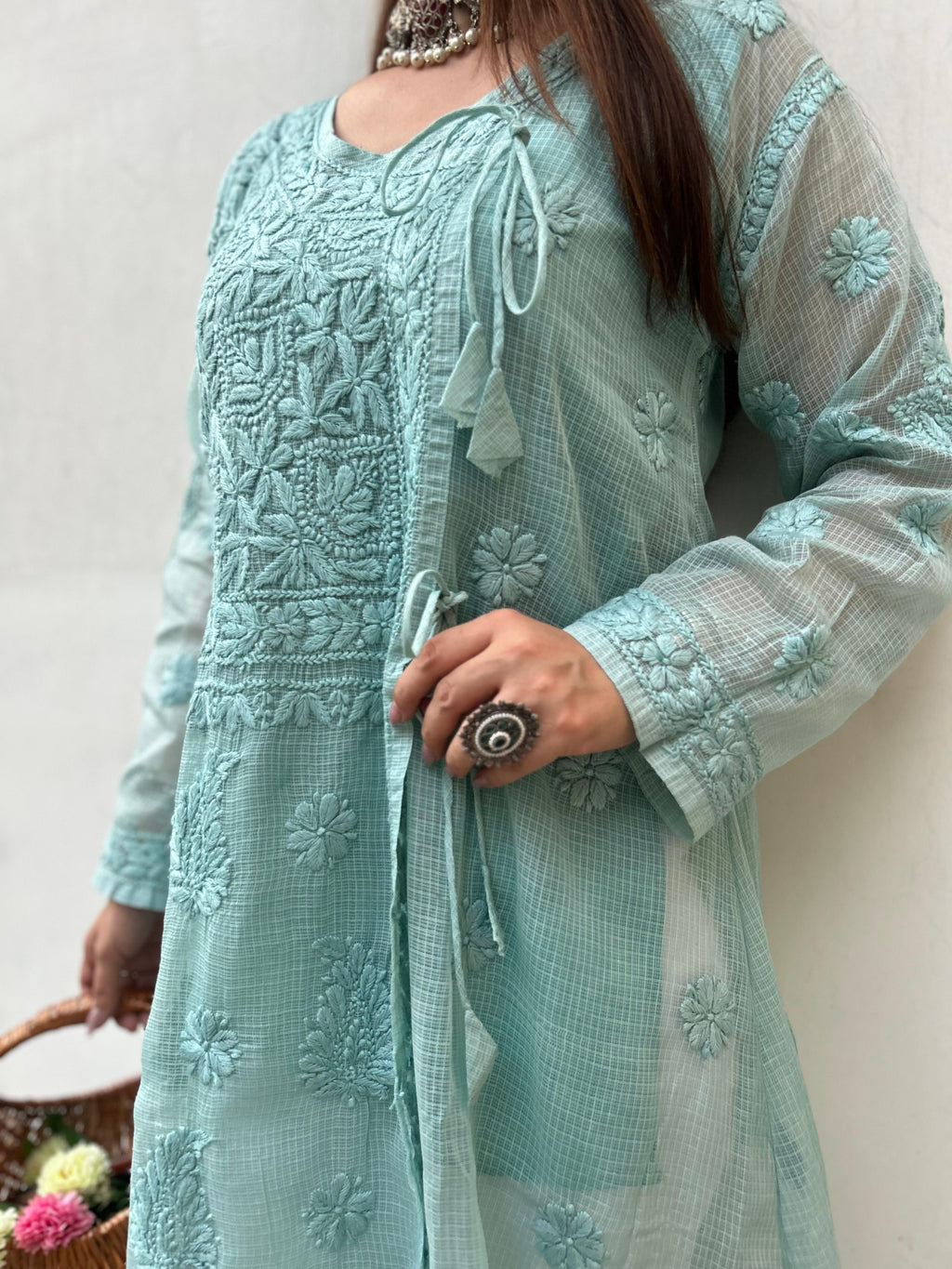 Pure Kota Doria Angarkha Kurta  with 3D Chikankari