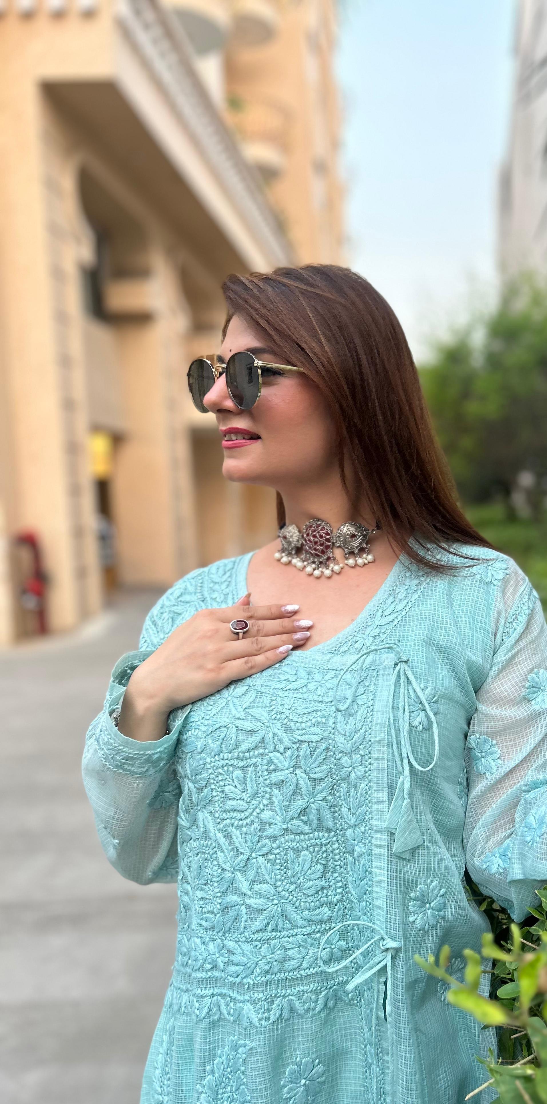 Pure Kota Doria Angarkha Kurta  with 3D Chikankari