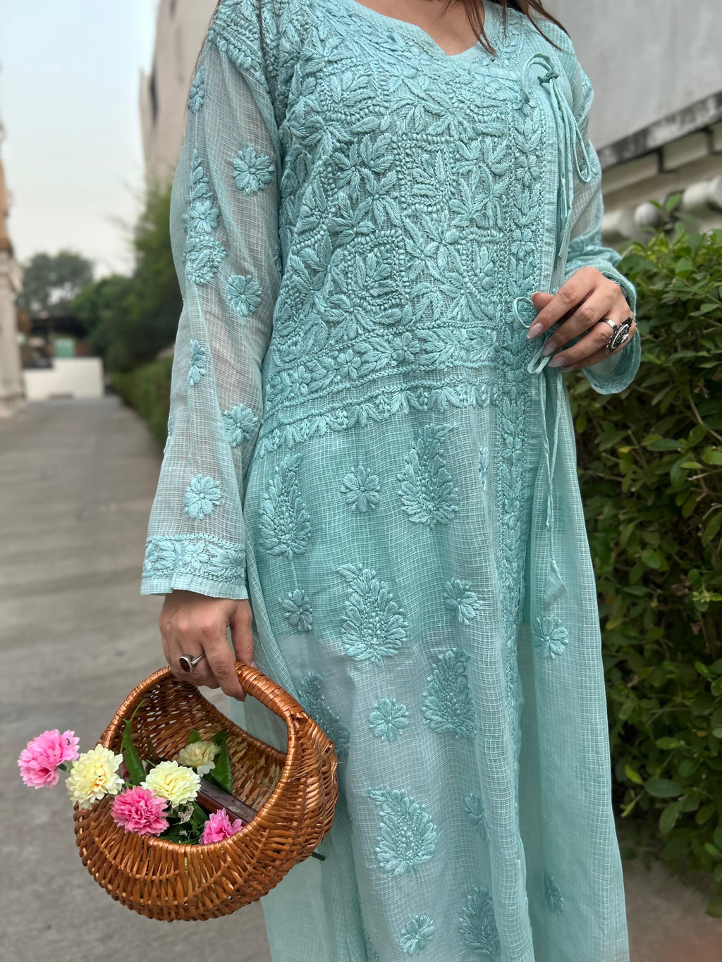 Pure Kota Doria Angarkha Kurta  with 3D Chikankari
