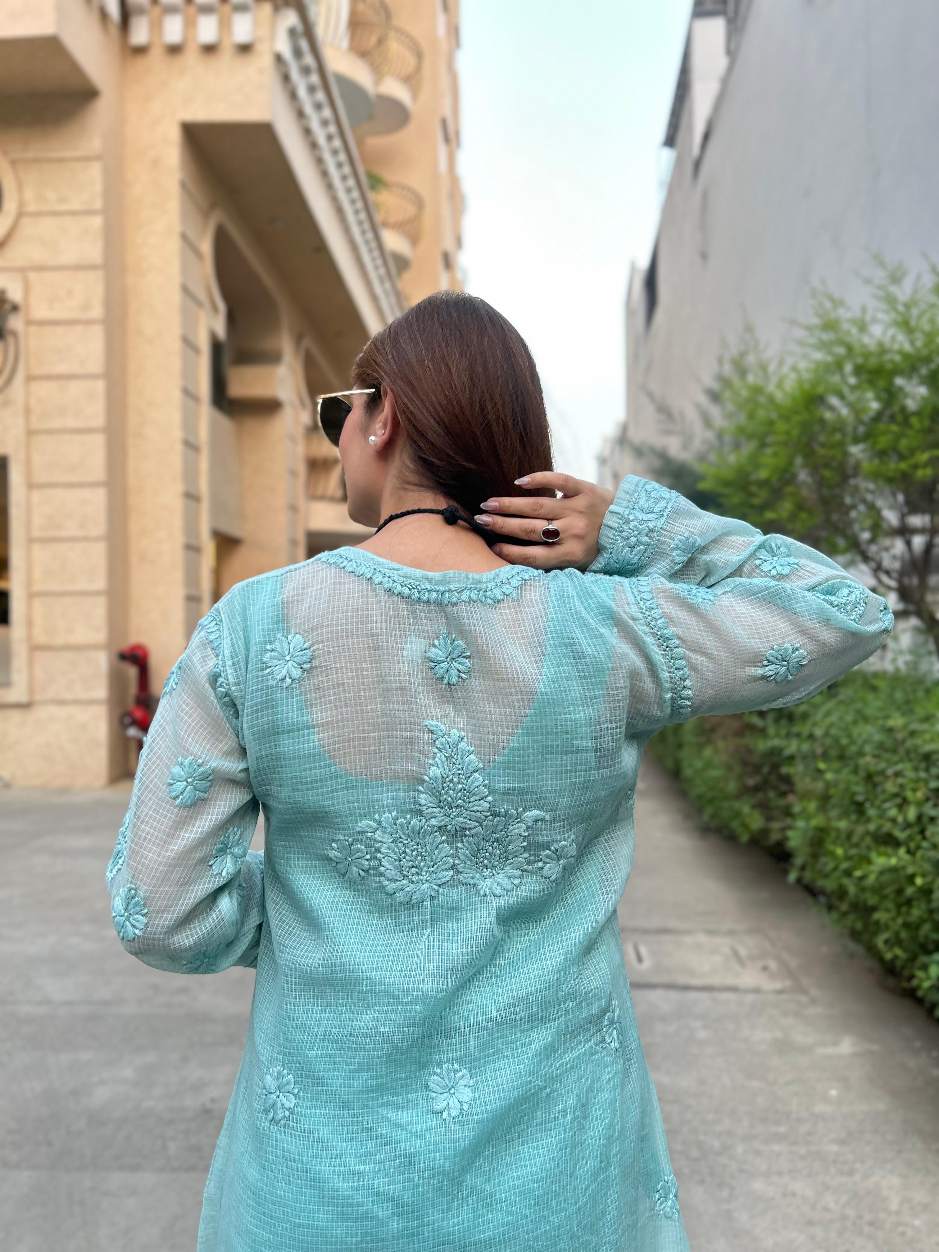 Pure Kota Doria Angarkha Kurta  with 3D Chikankari