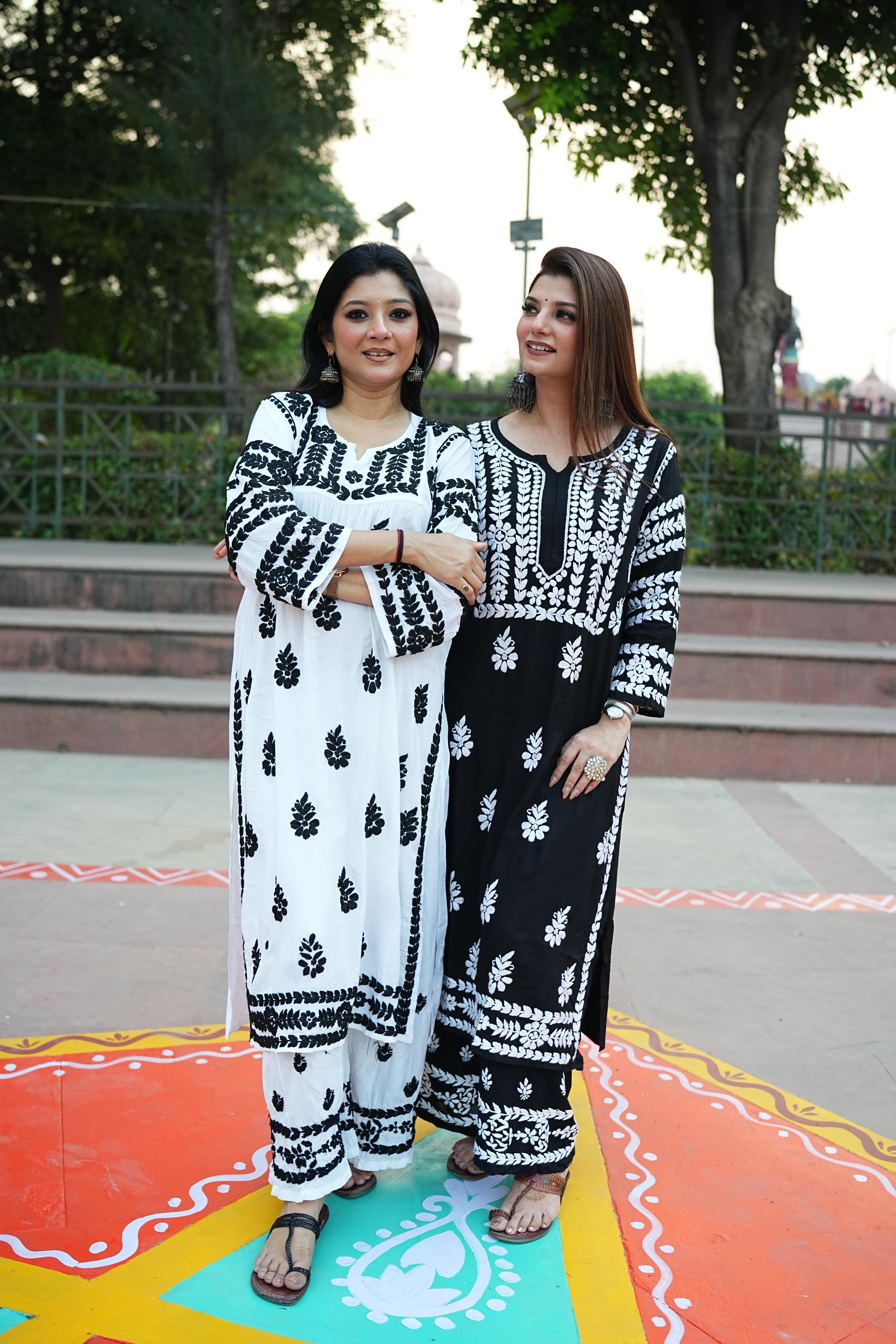 Modal Chikankari Co-ord Set BLACK with WHITE THREAD