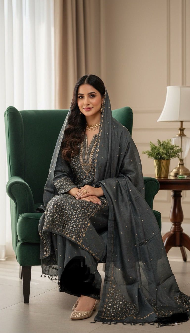 Pure Tussar Silk Shirt & Dupatta Set with Mukesh