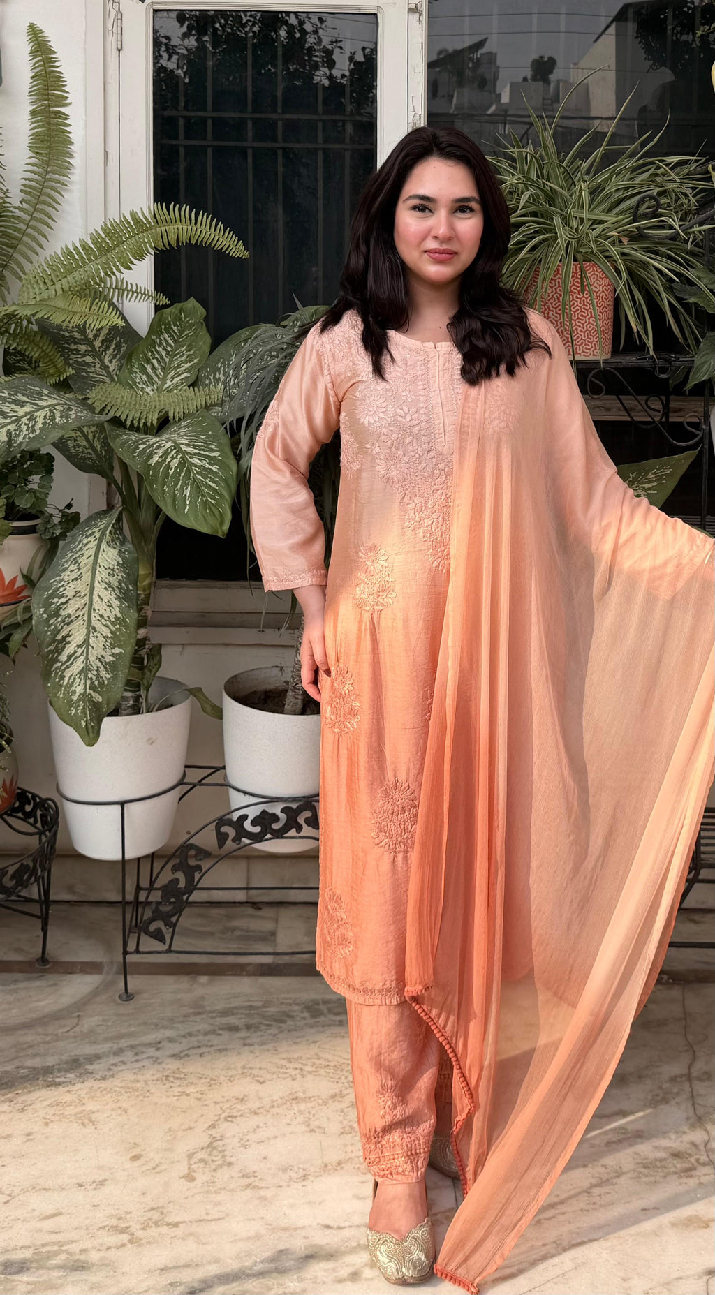 Elegant Chanderi Chikankari Kurti Set with Ombre Dupatta