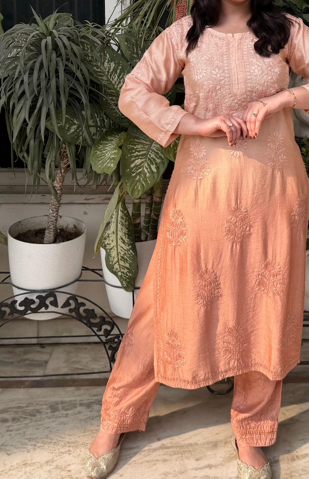 Elegant Chanderi Chikankari Kurti Set with Ombre Dupatta