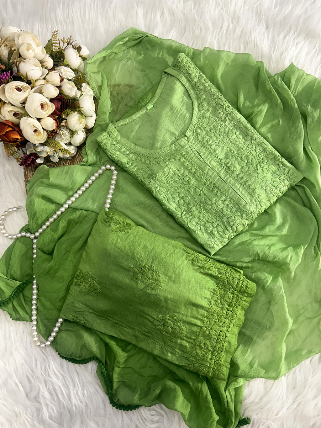 Elegant Chanderi Chikankari Kurti Set with Ombre Dupatta