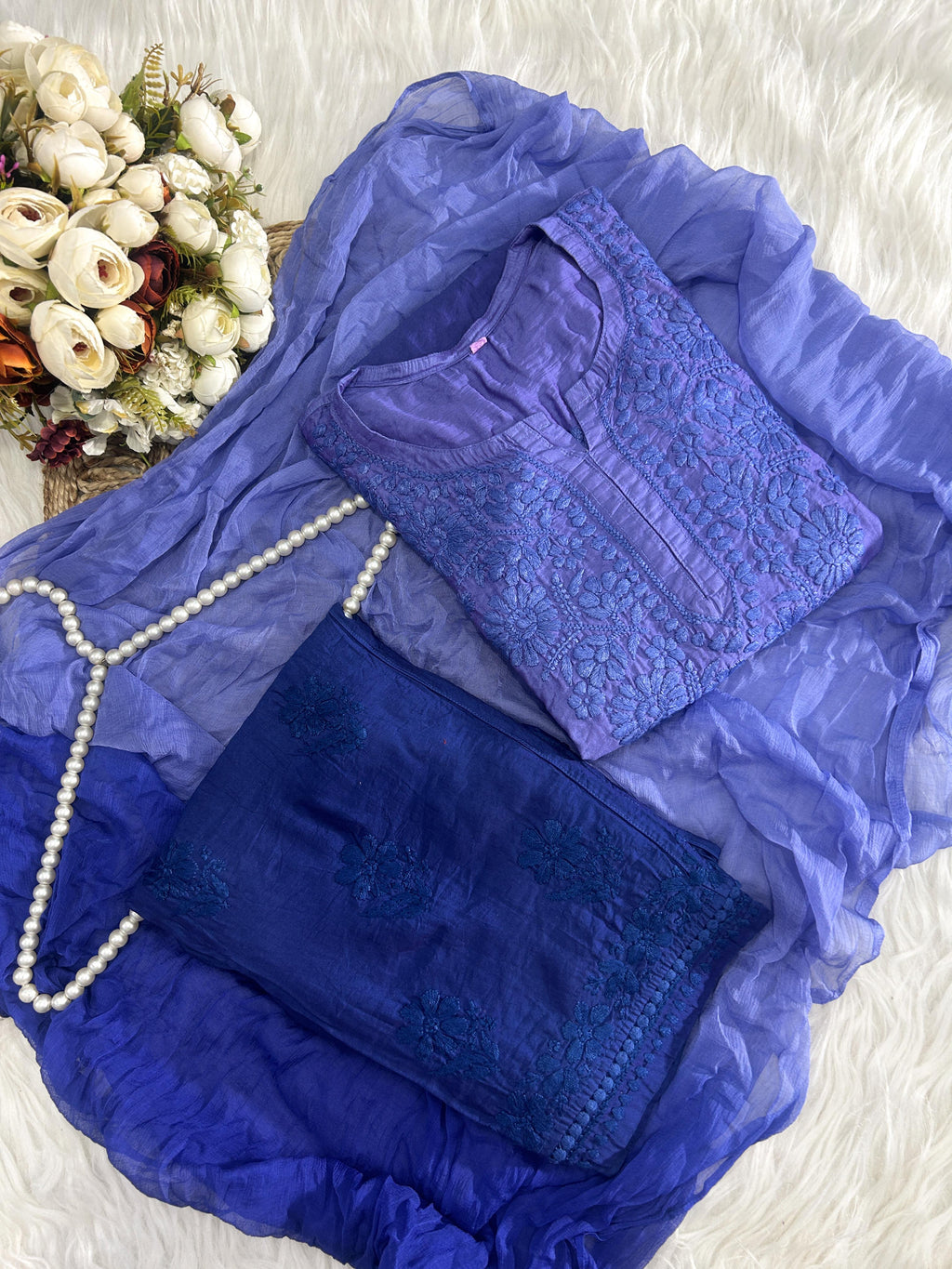 Elegant Chanderi Chikankari Kurti Set with Ombre Dupatta