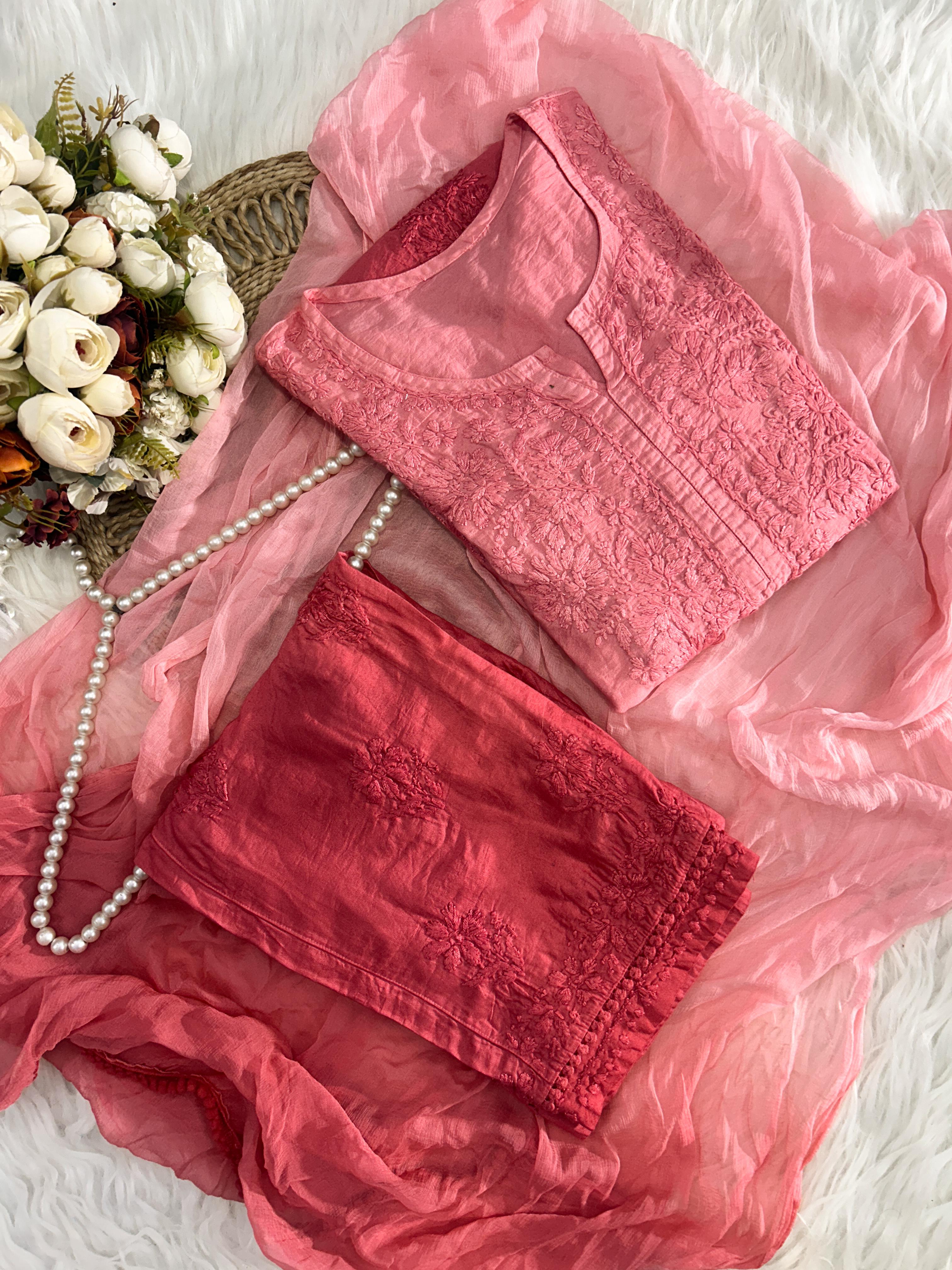 Elegant Chanderi Chikankari Kurti Set with Ombre Dupatta
