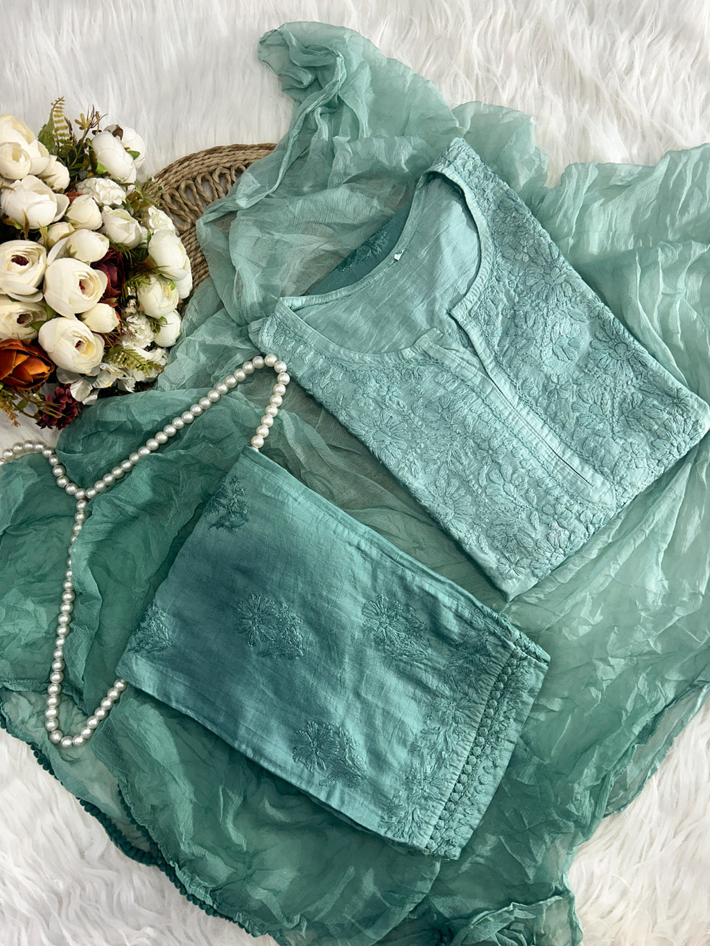 Elegant Chanderi Chikankari Kurti Set with Ombre Dupatta