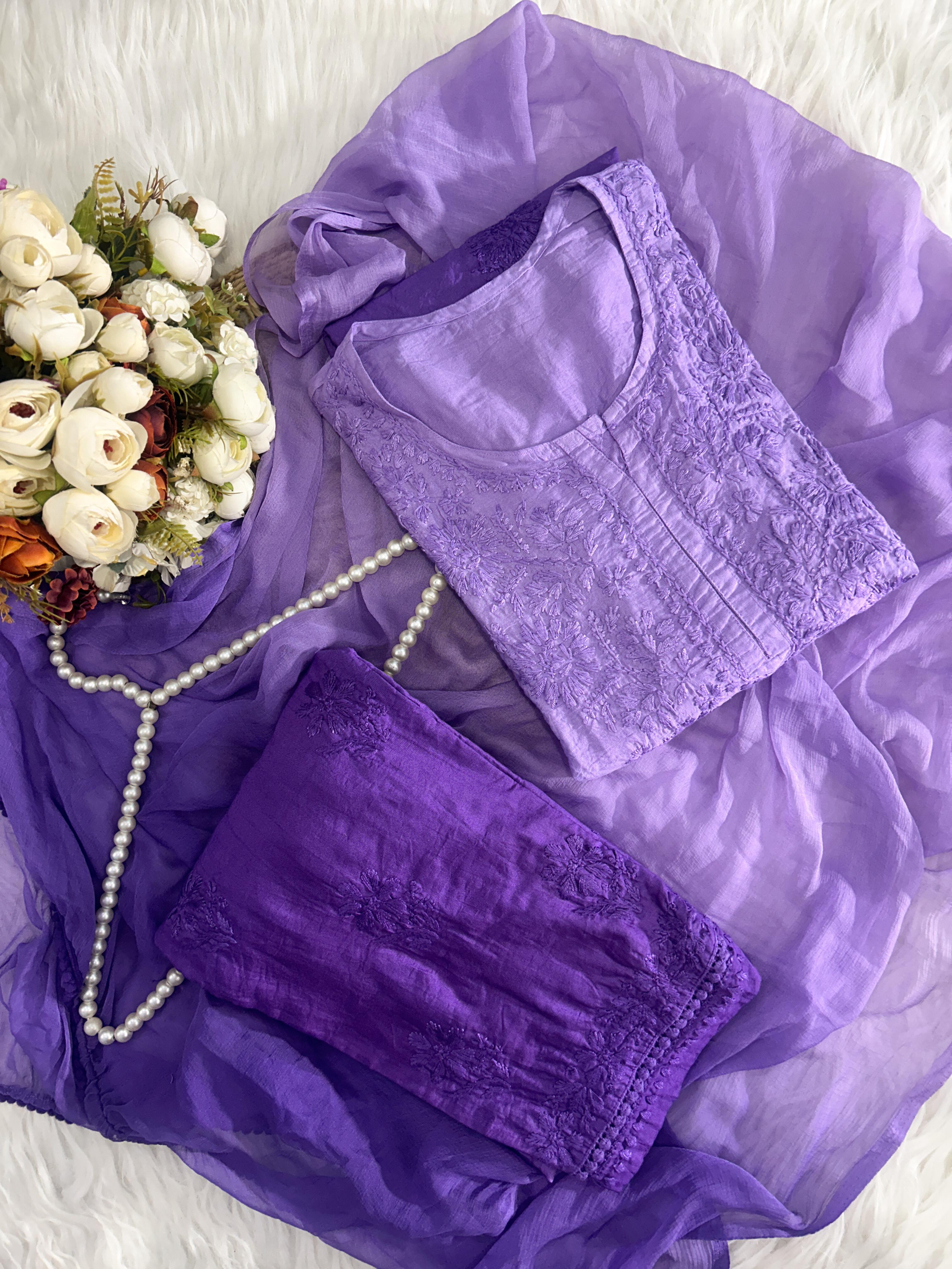 Elegant Chanderi Chikankari Kurti Set with Ombre Dupatta