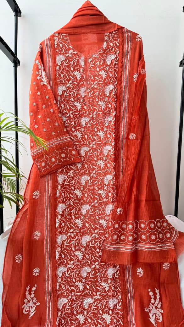Pure Mulmul Chanderi Suit Set -Semi Stitched