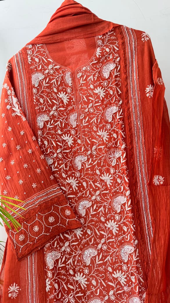 Pure Mulmul Chanderi Suit Set -Semi Stitched