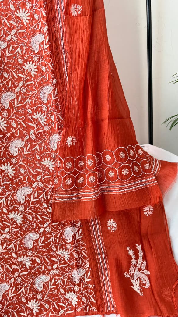 Pure Mulmul Chanderi Suit Set -Semi Stitched
