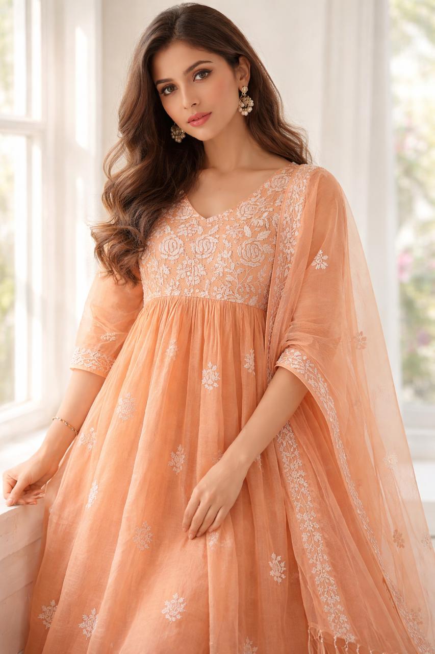 Mulmul Chikankari Gown Dupatta Set