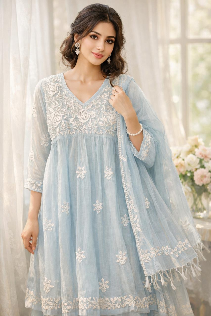 Mulmul Chikankari Gown Dupatta Set
