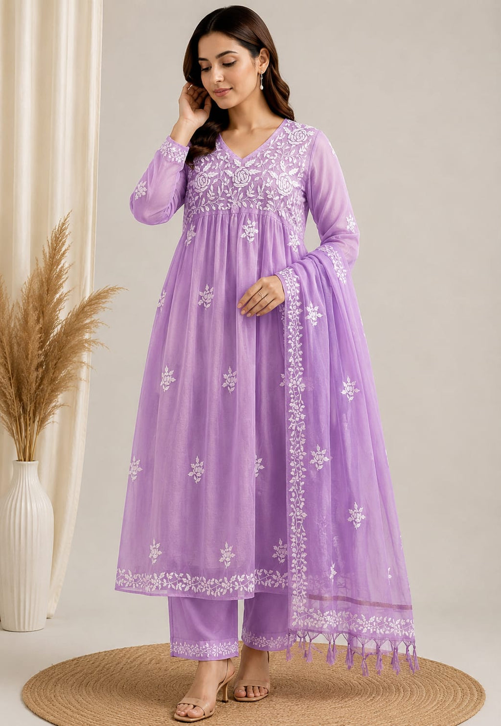 Mulmul Chikankari Gown Dupatta Set