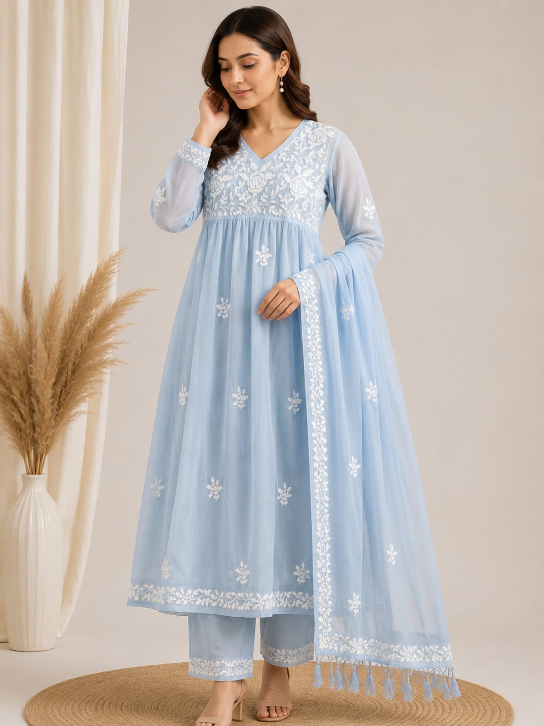 Mulmul Chikankari Gown Dupatta Set
