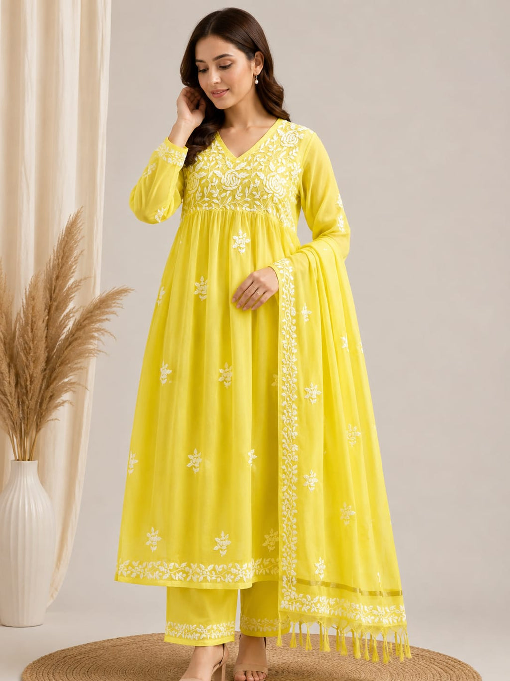 Mulmul Chikankari Gown Dupatta Set