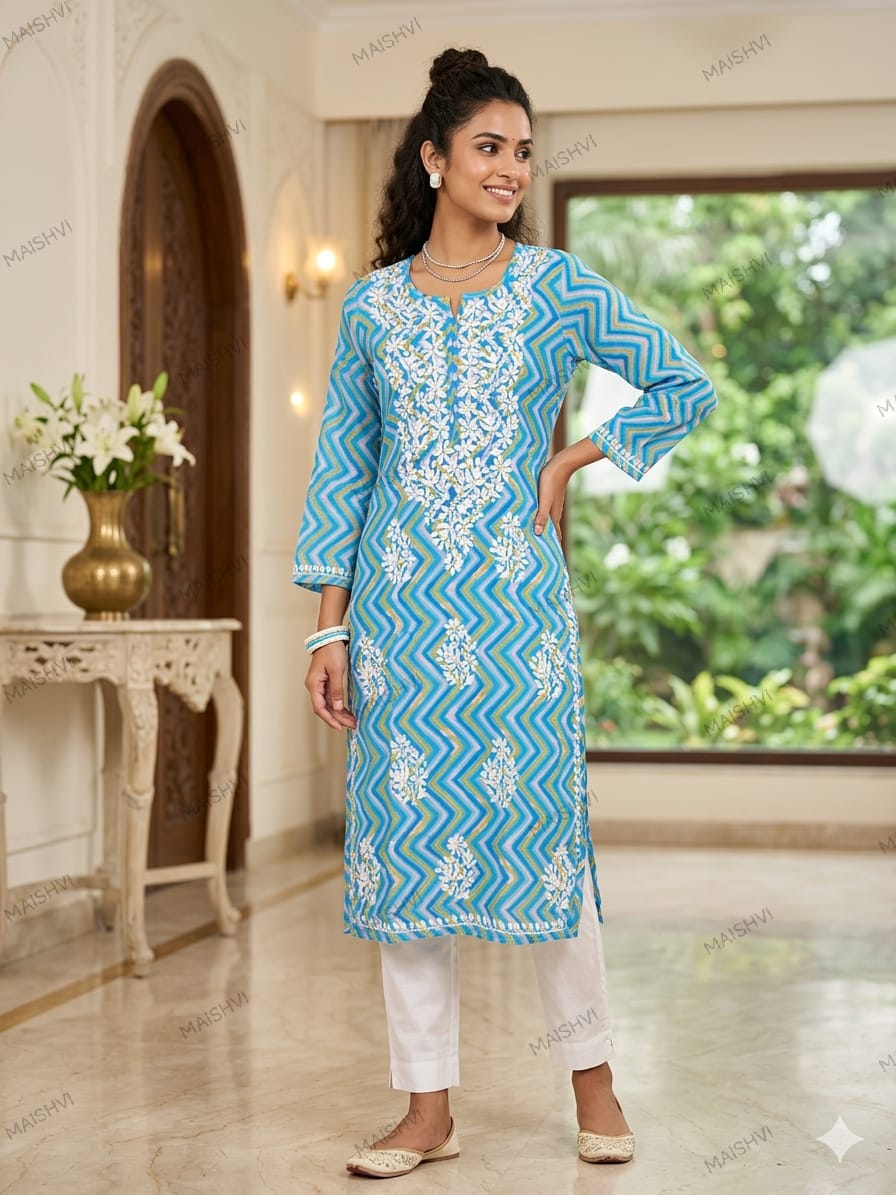 Mul Zigzag Print Chikankari Kurti