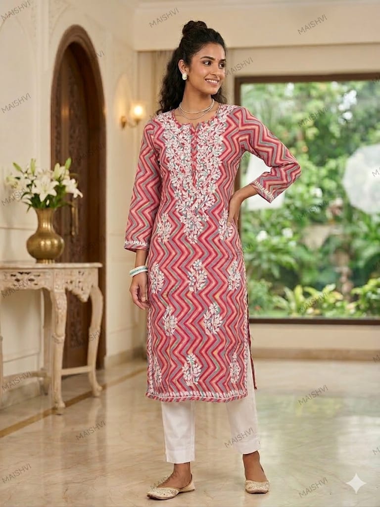 Mul Zigzag Print Chikankari Kurti