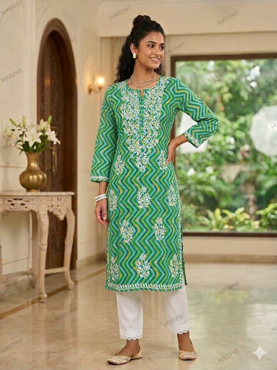 Mul Zigzag Print Chikankari Kurti