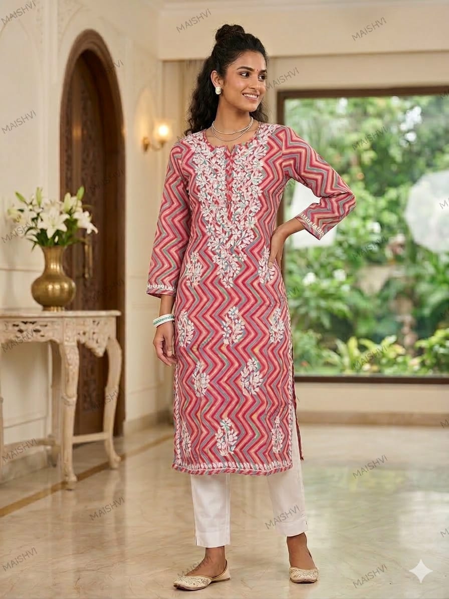 Mul Zigzag Print Chikankari Kurti