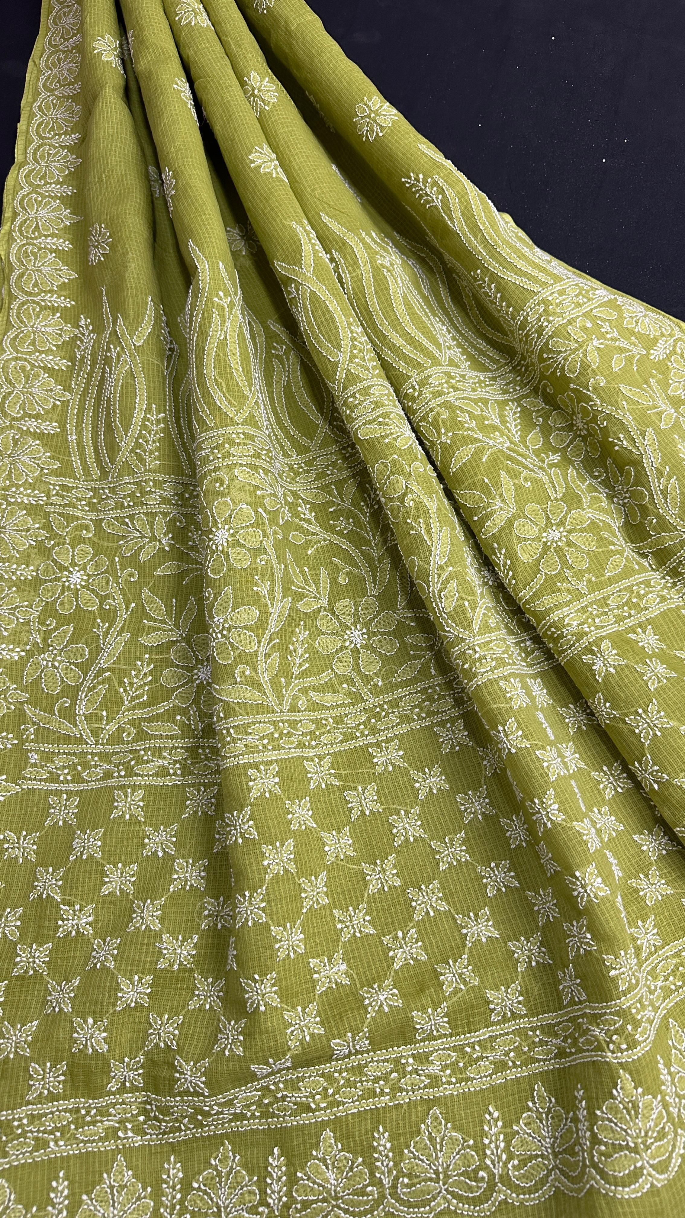 Elegant Kota Doriya Chikan Saree -MEHNDI GREEN