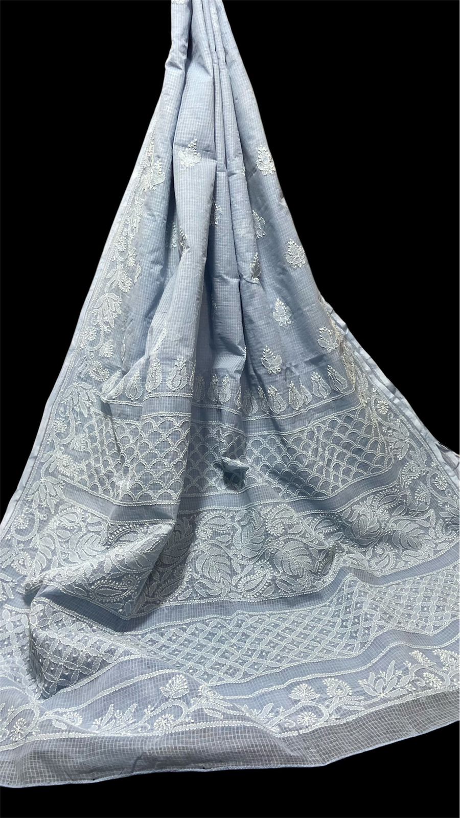 Elegant Kota Doriya Chikan Saree -GREYISH BLUE