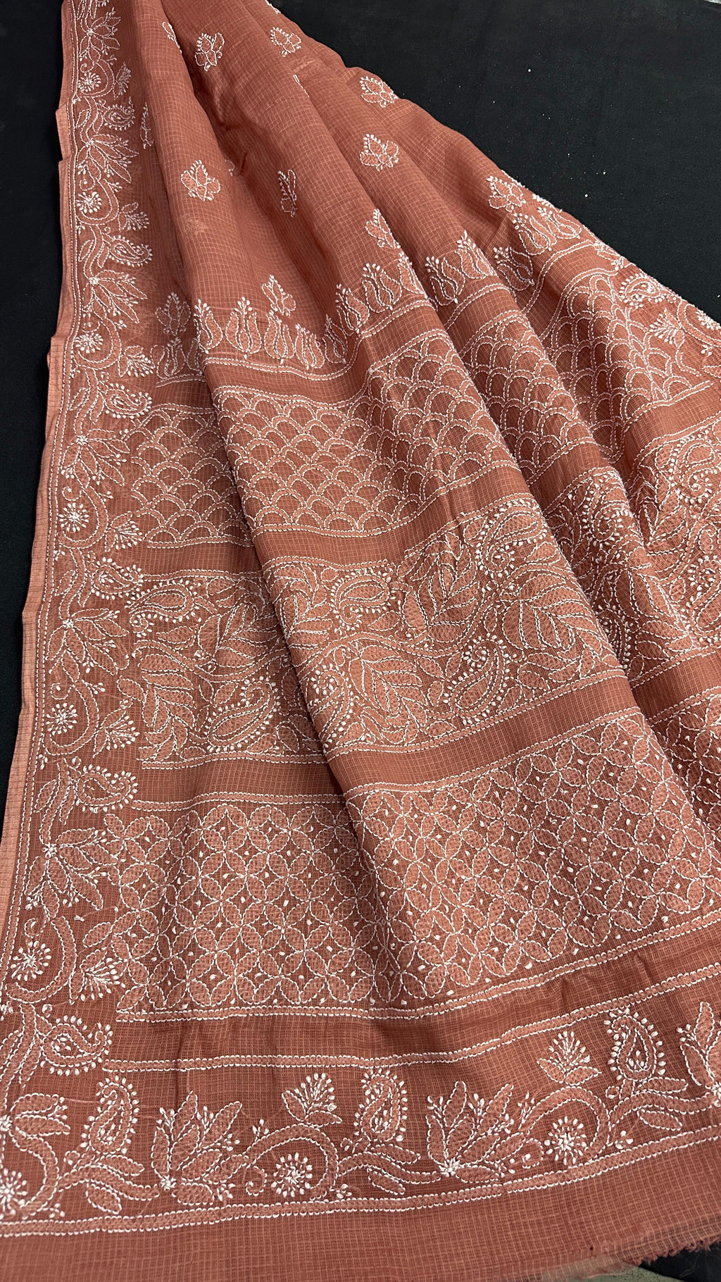 Elegant Kota Doriya Chikan Saree -BROWN