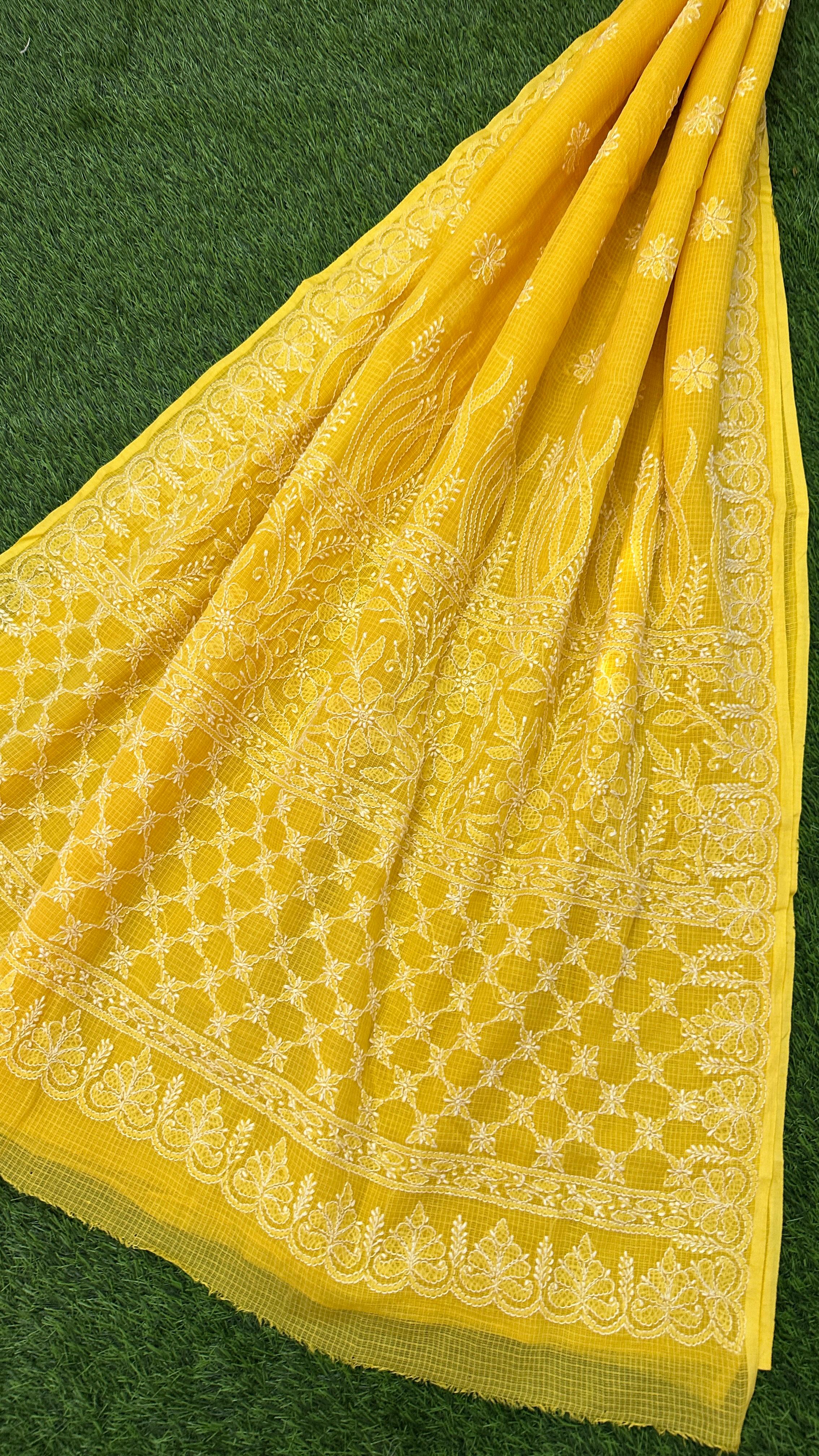 Elegant Kota Doriya Chikan Saree -YELLOW