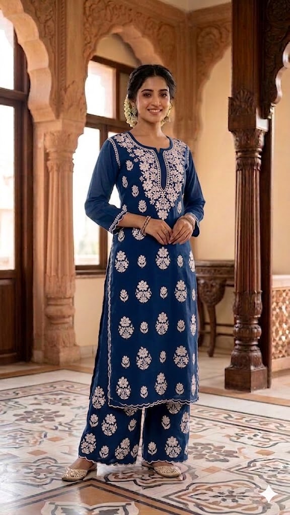 Rayon Kurti Palazzo Set with Cutwork