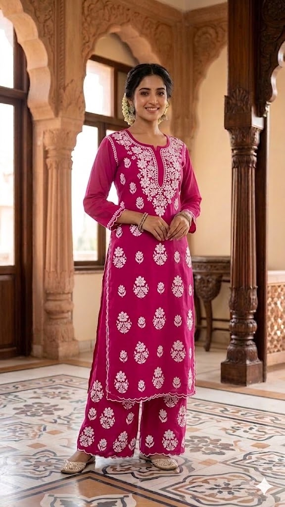 Rayon Kurti Palazzo Set with Cutwork