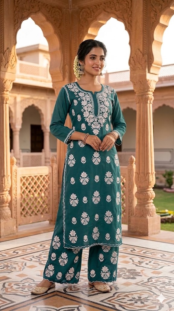 Rayon Kurti Palazzo Set with Cutwork